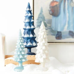 Raz Set Of 3 Blue And White Snowy Glass Christmas Trees 4222914