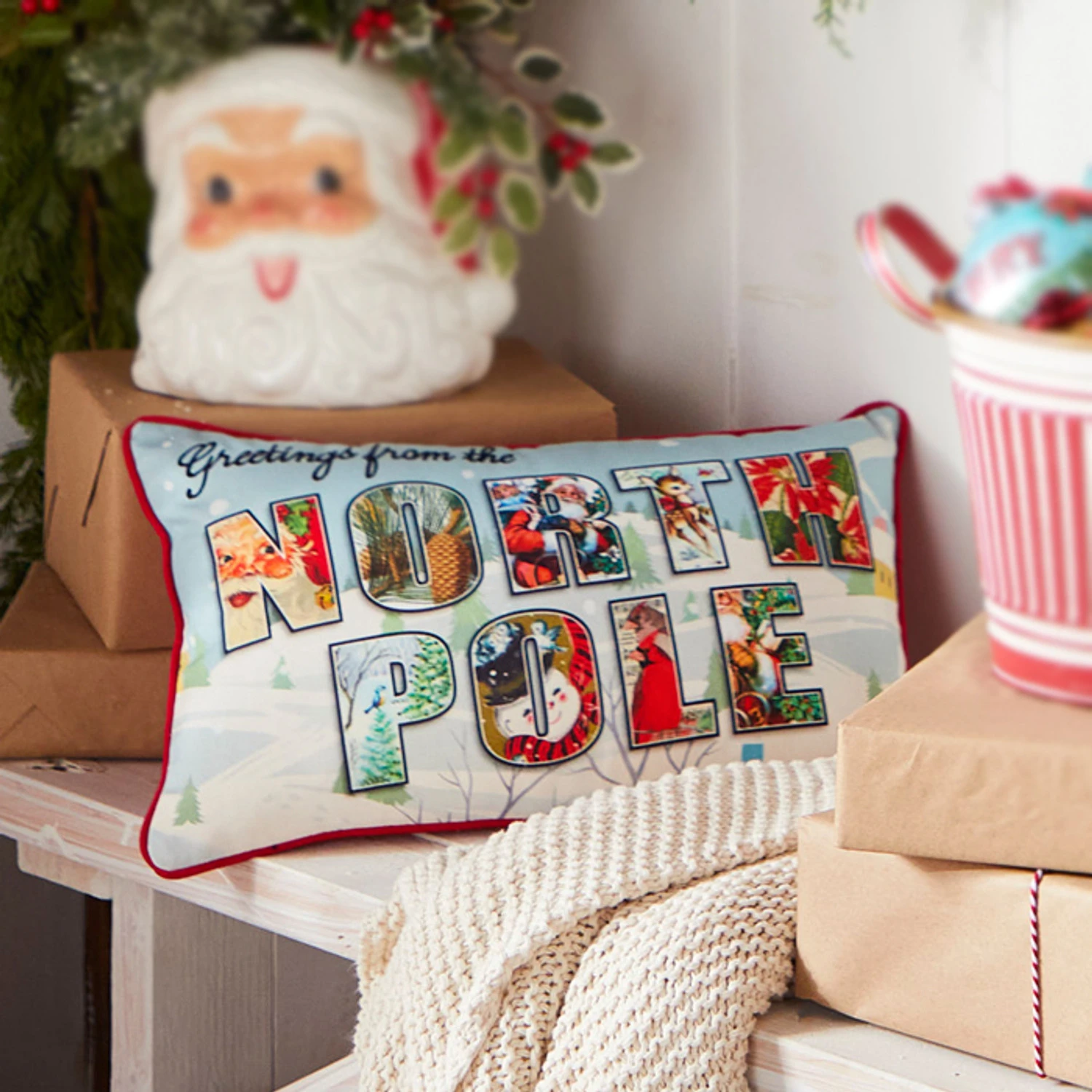 Raz 18" Vintage Postcard Lumbar Christmas Pillow 4321332 3 Raz 18" Vintage Postcard Lumbar Christmas Pillow 4321332