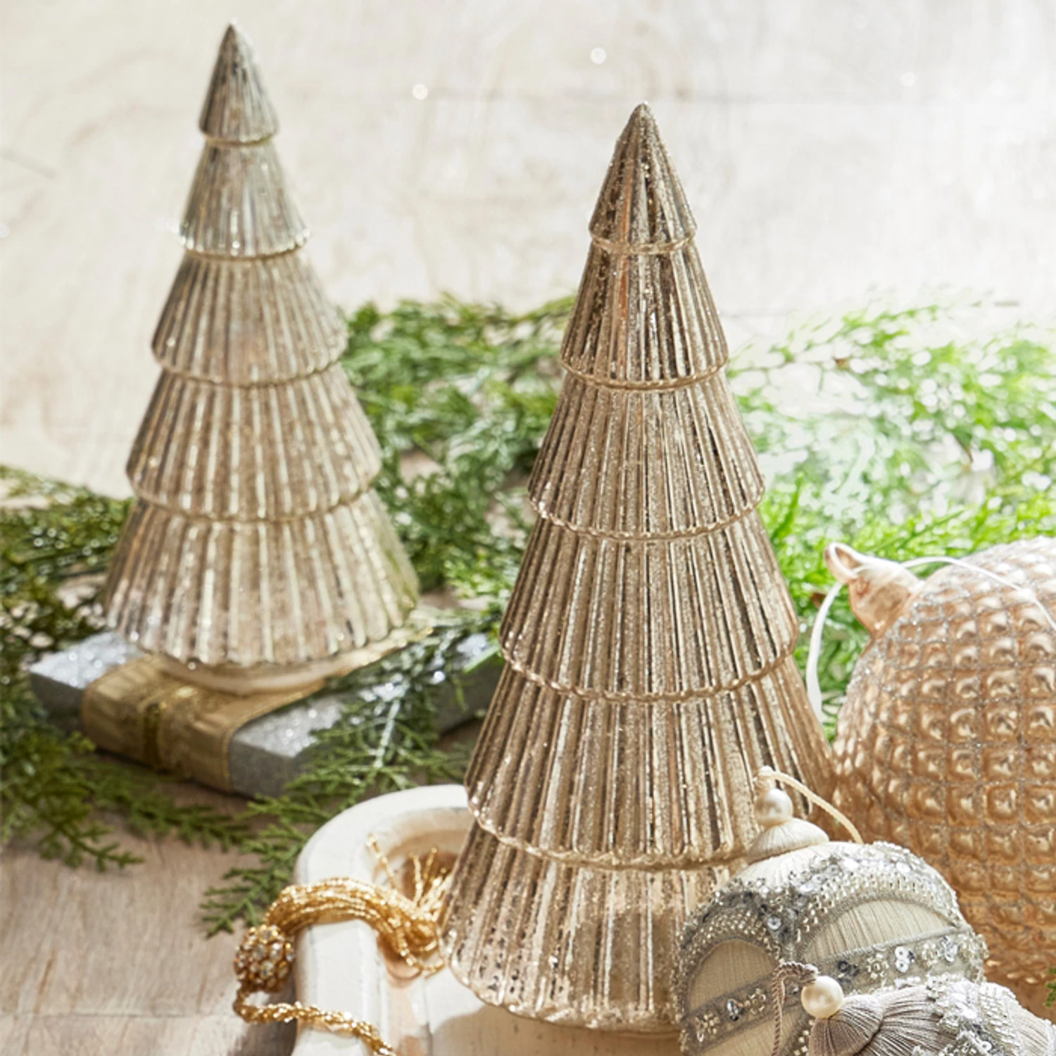 Raz 11.5" Lighted Champagne Ribbed Trees Christmas Decoration 4324551 3 Raz 11.5" Lighted Champagne Ribbed Trees Christmas Decoration 4324551