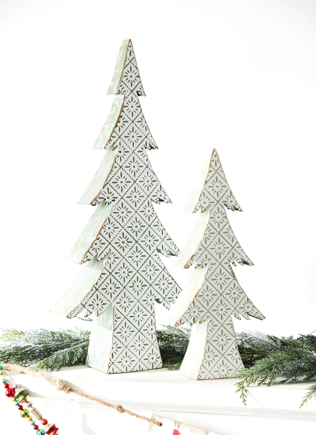 Raz 16.25" Or 22" Large Green And White Distressed Embossed Christmas Tree Decoration 3 Raz 16.25" Or 22" Large Green And White Distressed Embossed Christmas Tree Decoration