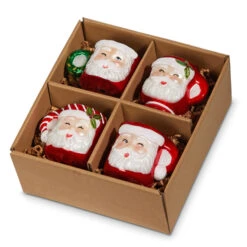 Raz Set Of 4 Boxed Santa Mug Glass Christmas Ornament 4352887