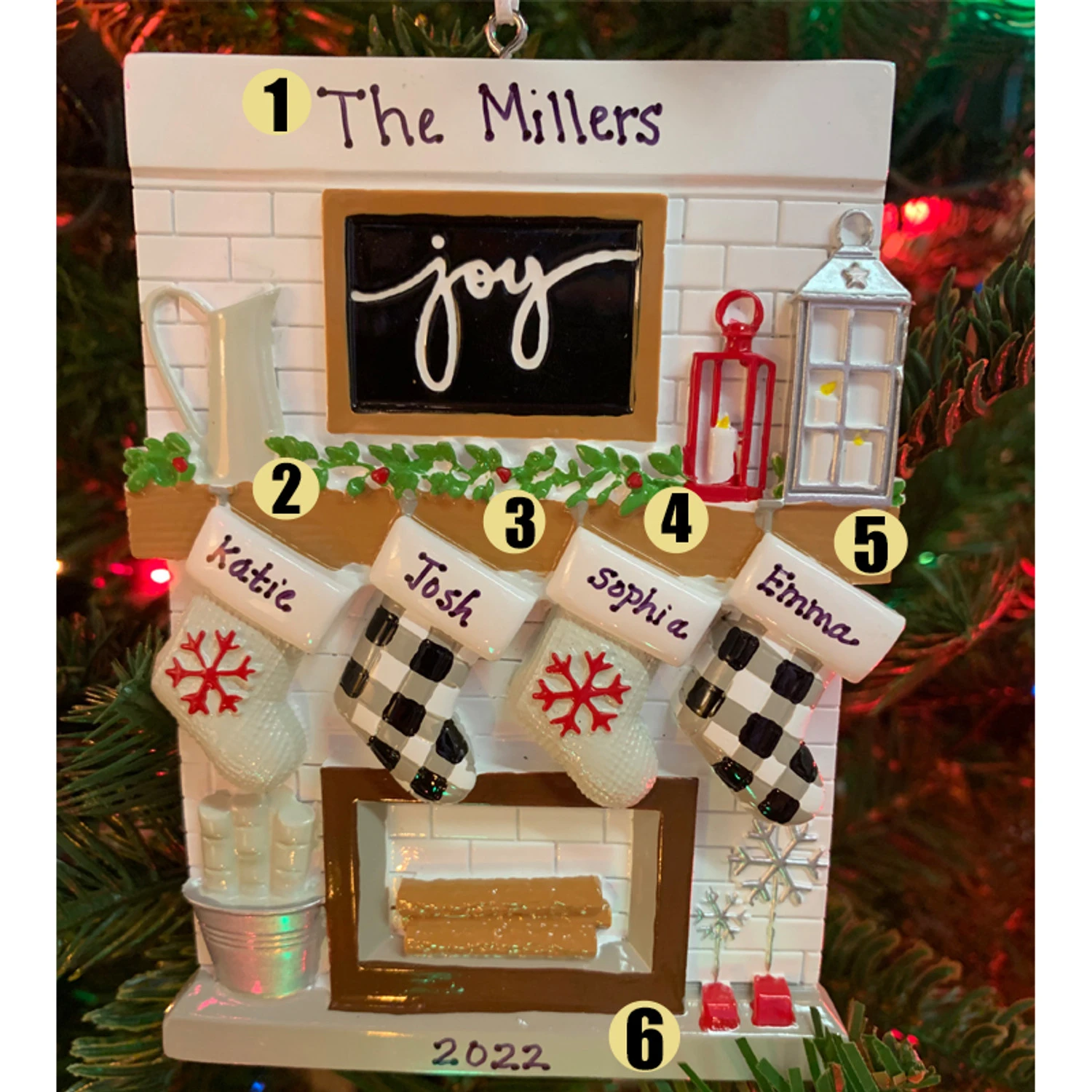 5" Fireplace Mantle Stocking Family Of 4 Personalized Christmas Ornament OR2030-4 3 5" Fireplace Mantle Stocking Family Of 4 Personalized Christmas Ornament OR2030-4