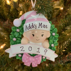 Pink Baby Girl In Wreath Personalized Christmas Ornament OR1746-P -The Jolly Christmas Shop apihciegf 39392.1646091886