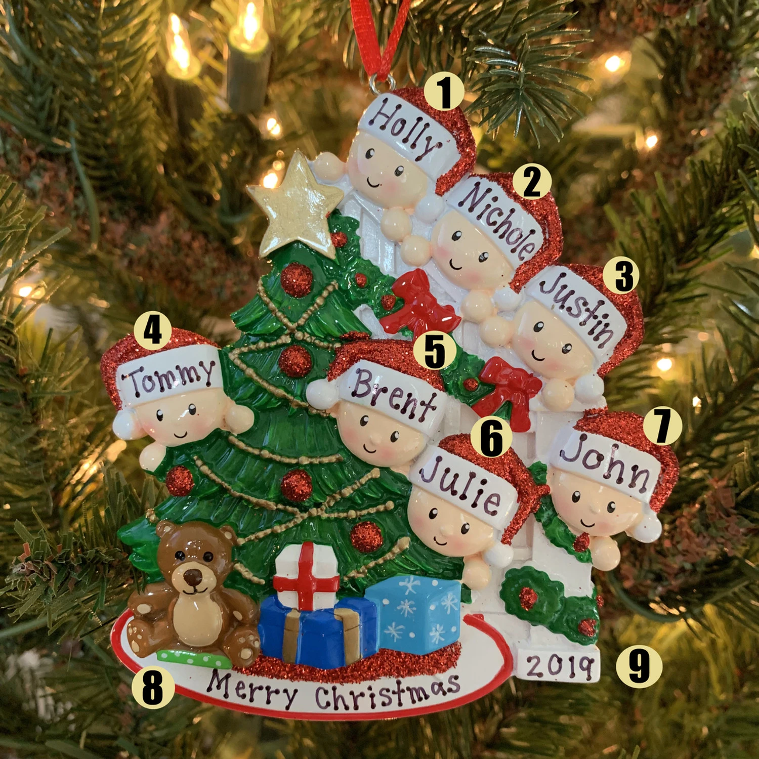 Family Of 7 Around The Christmas Tree Personalized Ornament OR1789-7 3 Family Of 7 Around The Christmas Tree Personalized Ornament OR1789-7