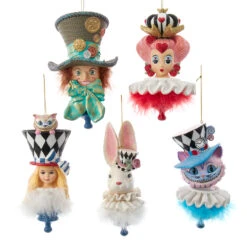 Kurt Adler 6" Set Of 5 Hollywood Hats Alice In Wonderland Hat Christmas Ornaments HAT0007